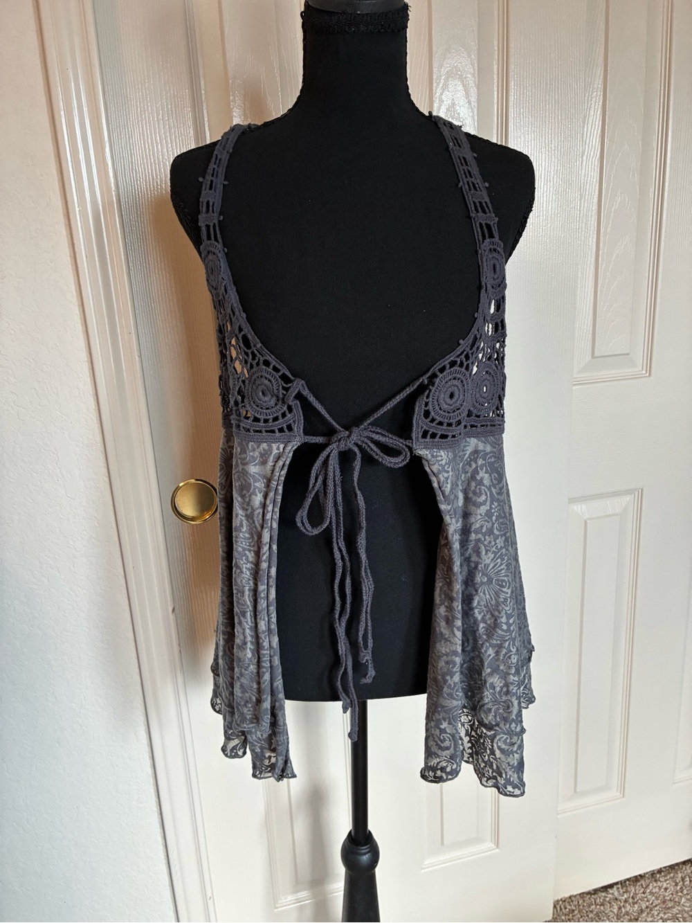 Hem & Thread Gray Crochet Lace Tie-Front Chemise